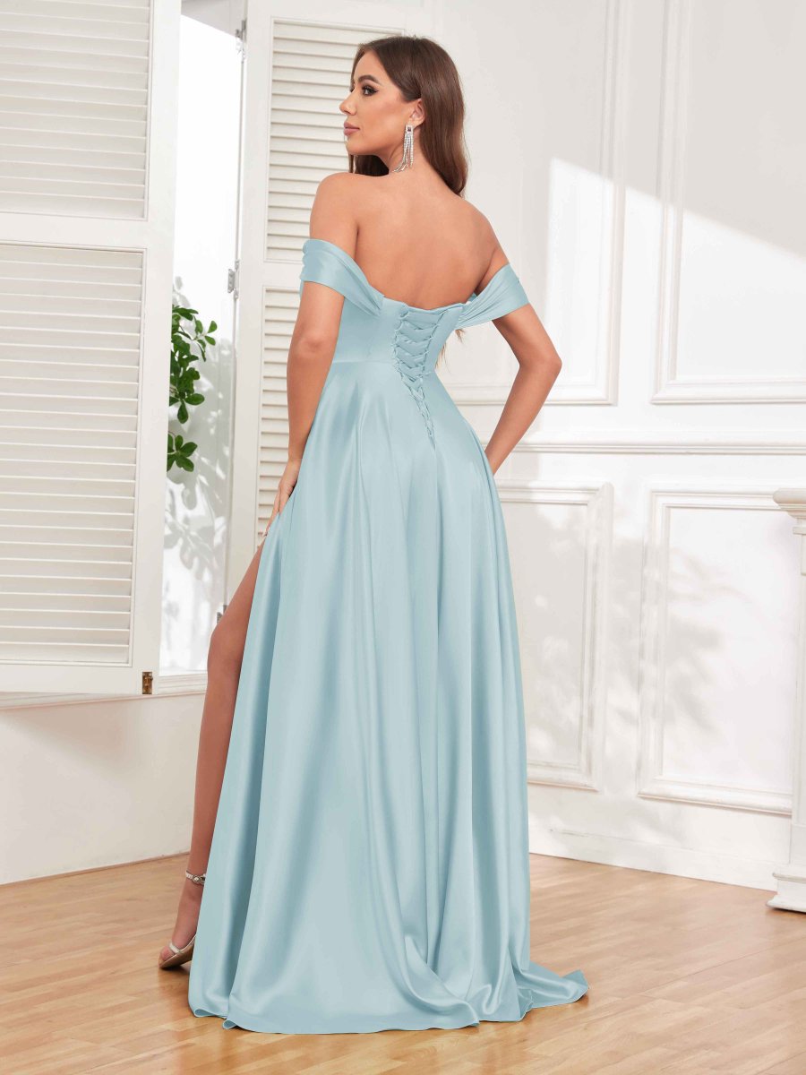 Robes En Satin À Formelles Épaules Dénudées Fente À Jambe Et Ruché Paige – Image 9