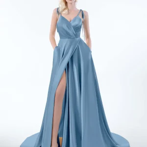 Robes En Satin À Traîne Balayage Et Fente À Jambe Avec Poches Brynlee