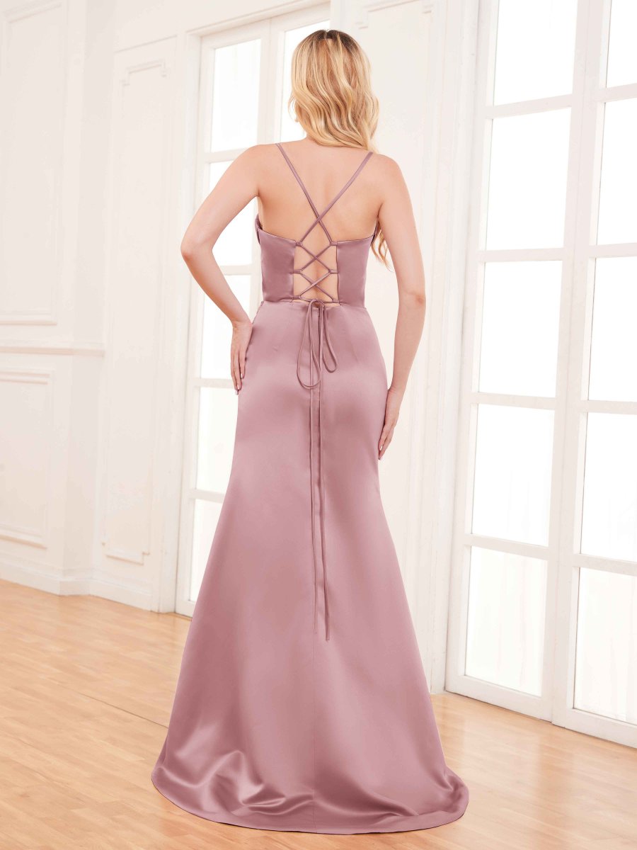 Robes En Satin À Écharpe Et Balayage Train À Lacets Trompette Genevieve – Image 6