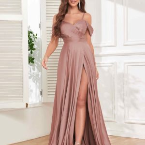 Robes En Satin À Formelles Épaules Dénudées Fente À Jambe Et Ruché Paige