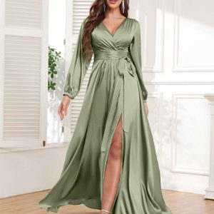 Robes En Satin À Fente À Jambe Et Manches Longues Avec Ceinture Gia