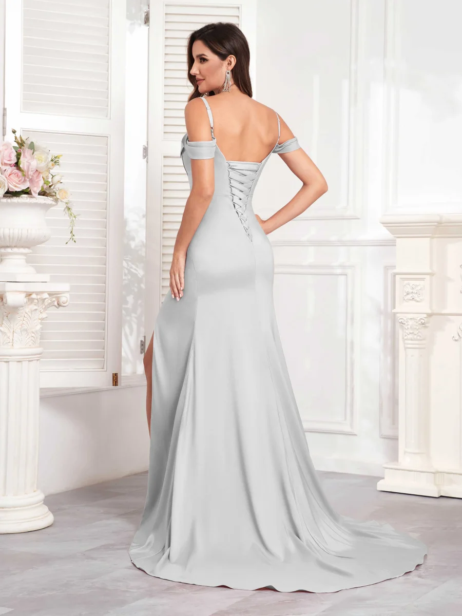 Robes En Satin À Ruché Fente À Jambe Traîne Balayage Willa – Image 6