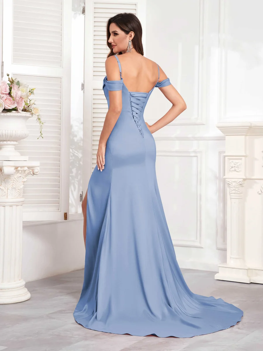 Robes En Satin À Ruché Fente À Jambe Traîne Balayage Willa – Image 3