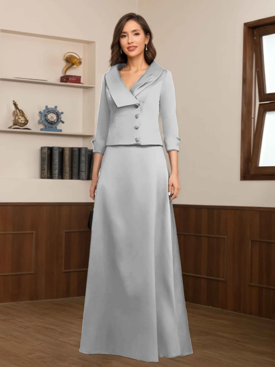 Robes Mère De La Mariée 2 Pièces En Satin À Col V Avec Boutons Amaryllis – Image 4