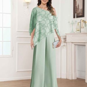 Tailleur-pantalon Mère De La Mariée À Une Épaule Dentelle Jacquard Eldora