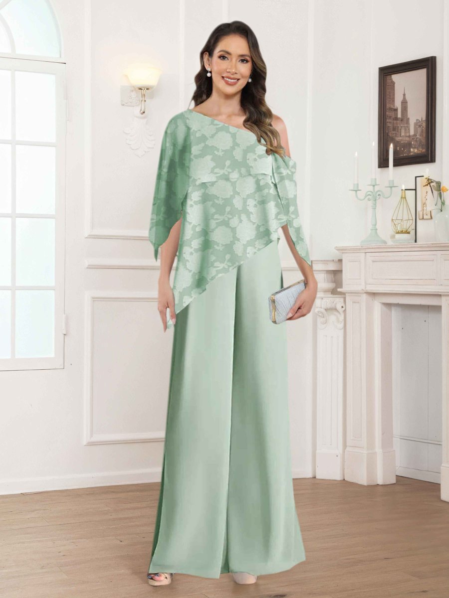 Tailleur-pantalon Mère De La Mariée À Une Épaule Dentelle Jacquard Eldora – Image 2