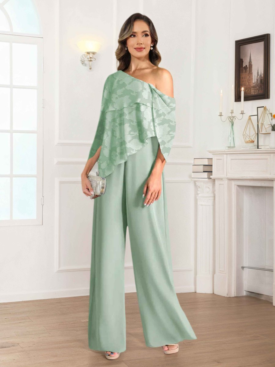 Tailleur-pantalon Mère De La Mariée À Une Épaule Dentelle Jacquard Eldora – Image 3