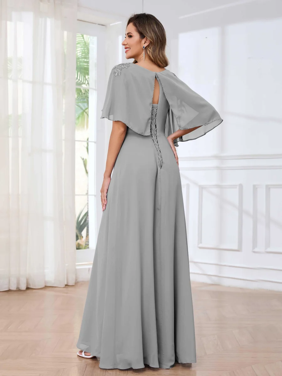 Robes Mère De La Mariée En Mousseline À Trou De Serrure Appliqués Col Cape Reyna – Image 6