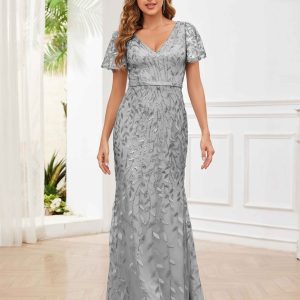 Robes Mère De La Mariée En Pailleté Tulle À Fermeture Éclair Col V Fernanda