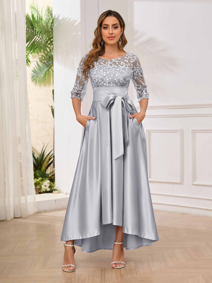 Robes Mère De La Mariée En Satin À Appliqués Illusion Avec Ceinture Amaia – Image 5