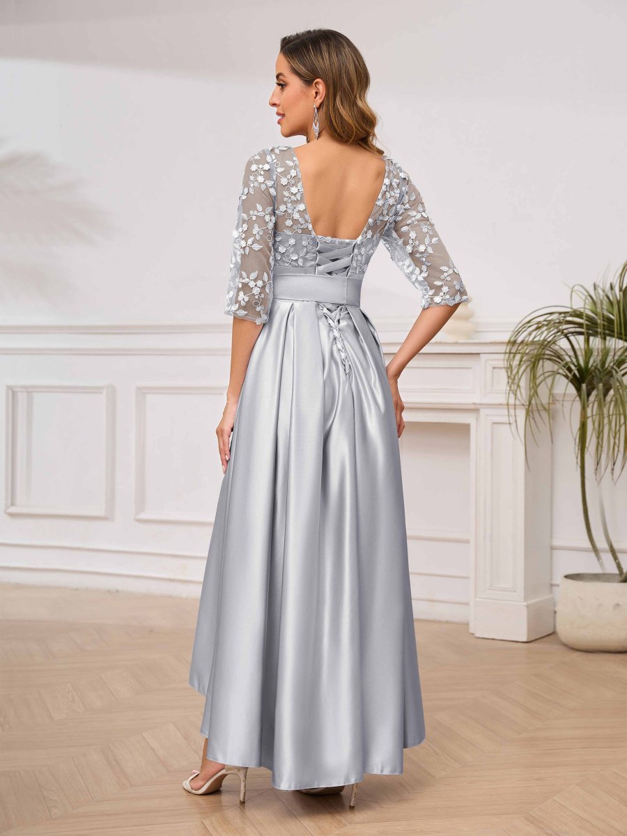 Robes Mère De La Mariée En Satin À Appliqués Illusion Avec Ceinture Amaia – Image 7