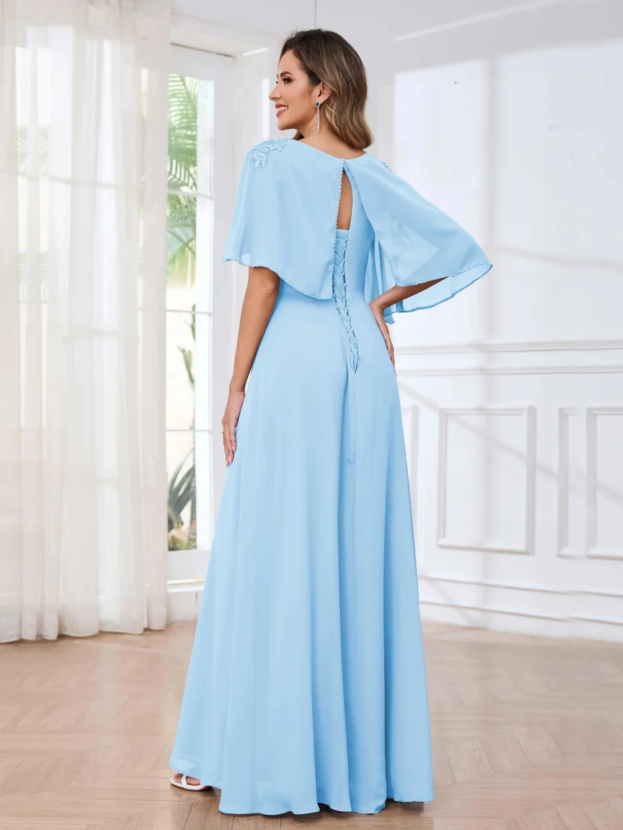 Robes Mère De La Mariée En Mousseline À Trou De Serrure Appliqués Col Cape Reyna – Image 9