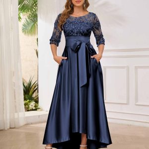 Robes Mère De La Mariée En Satin À Appliqués Illusion Avec Ceinture Amaia