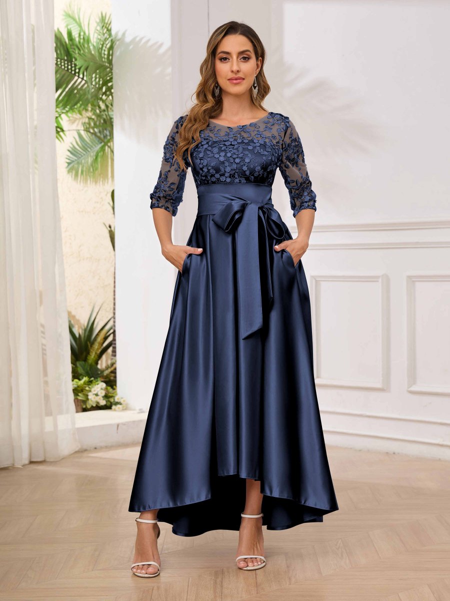 Robes Mère De La Mariée En Satin À Appliqués Illusion Avec Ceinture Amaia