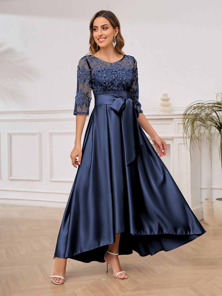 Robes Mère De La Mariée En Satin À Appliqués Illusion Avec Ceinture Amaia – Image 3