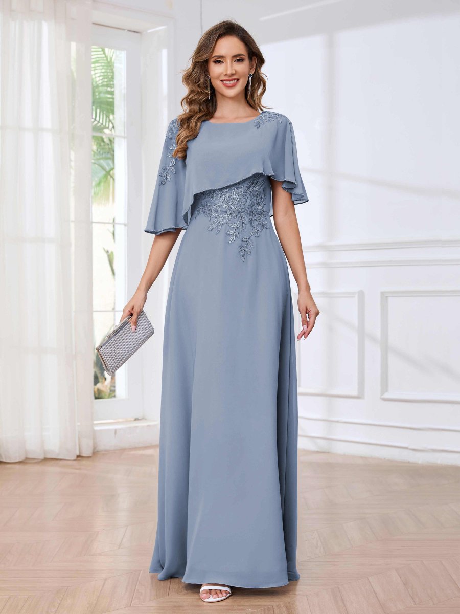 Robes Mère De La Mariée En Mousseline À Trou De Serrure Appliqués Col Cape Reyna