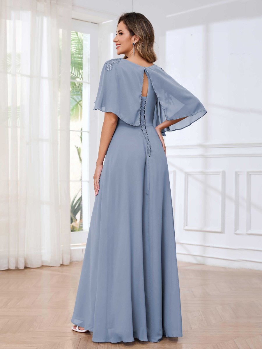 Robes Mère De La Mariée En Mousseline À Trou De Serrure Appliqués Col Cape Reyna – Image 3