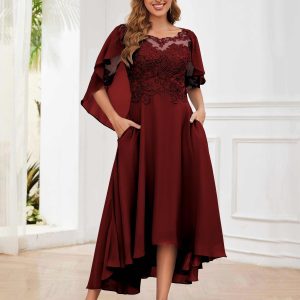 Robes Mère De La Mariée En Dentelle Mousseline À Fermeture Éclair Avec Poches Jaliyah