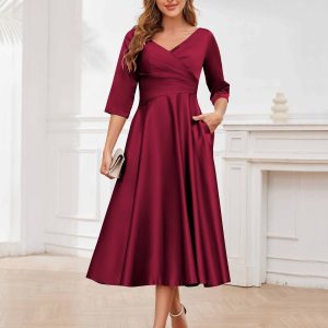 Robes Mère De La Mariée Midi En Satin À Ruché Demi Manches Avec Poches Miranda