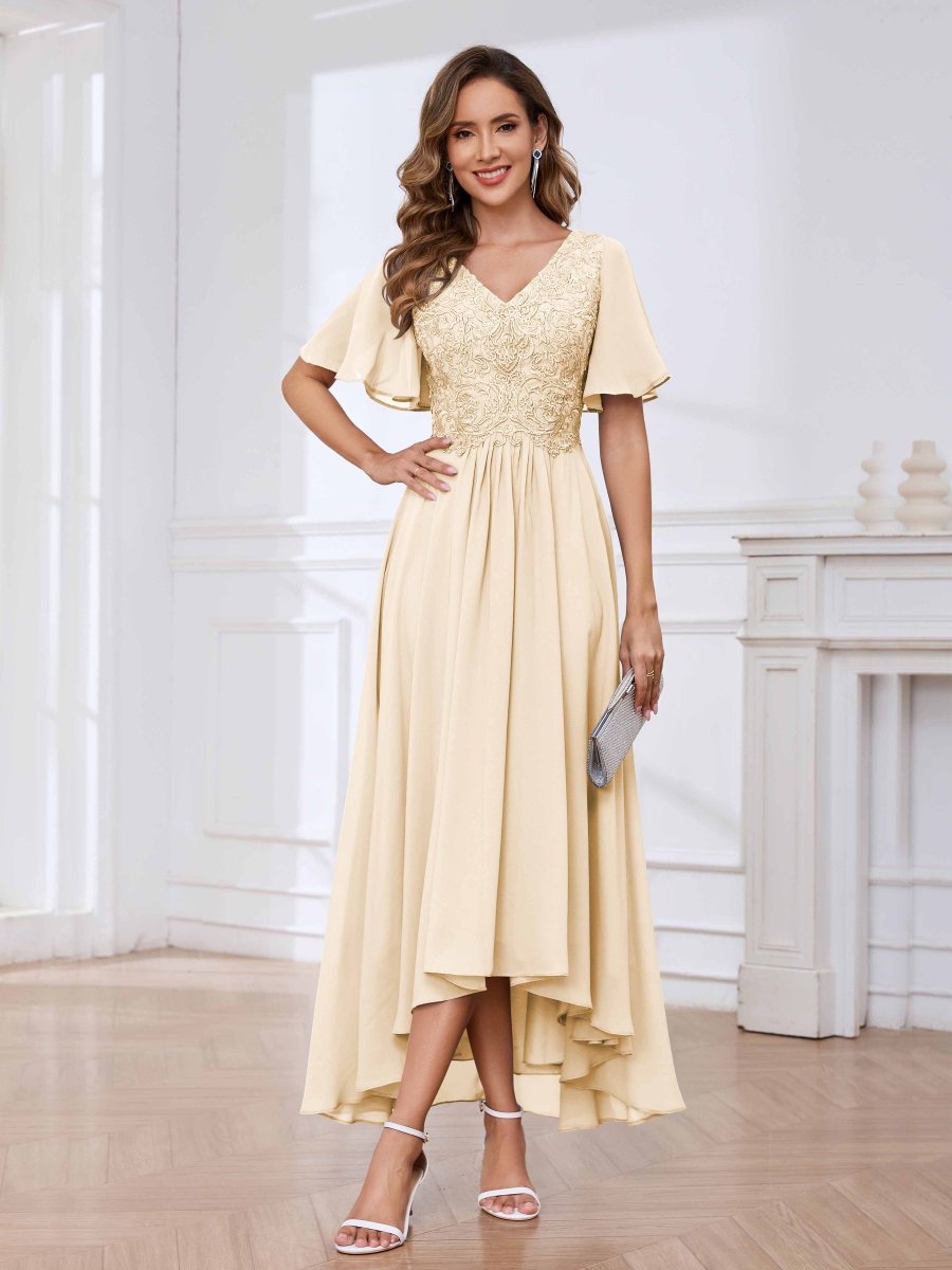 Robes Mère De La Mariée À Dentelle Appliqués Asymétrique À Lacets Abby – Image 4