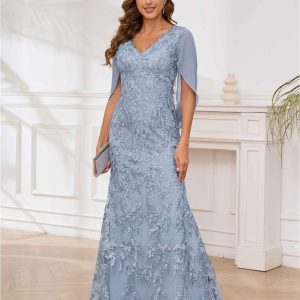 Robes Mère De La Mariée Colonne À Dentelle Appliqués Col V Madilynn