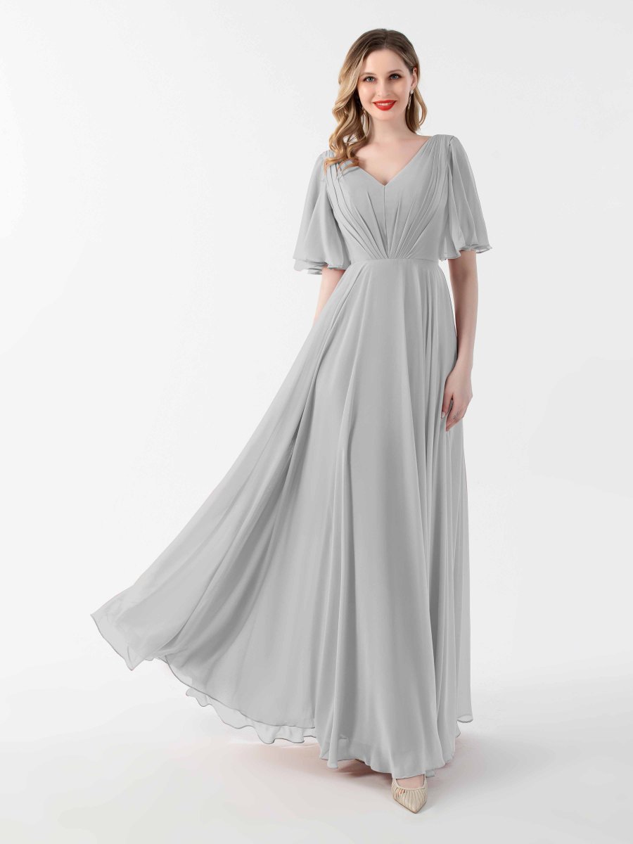 Robes Mère De La Mariée En Mousseline À Manches Courtes Et Col V Sara – Image 4