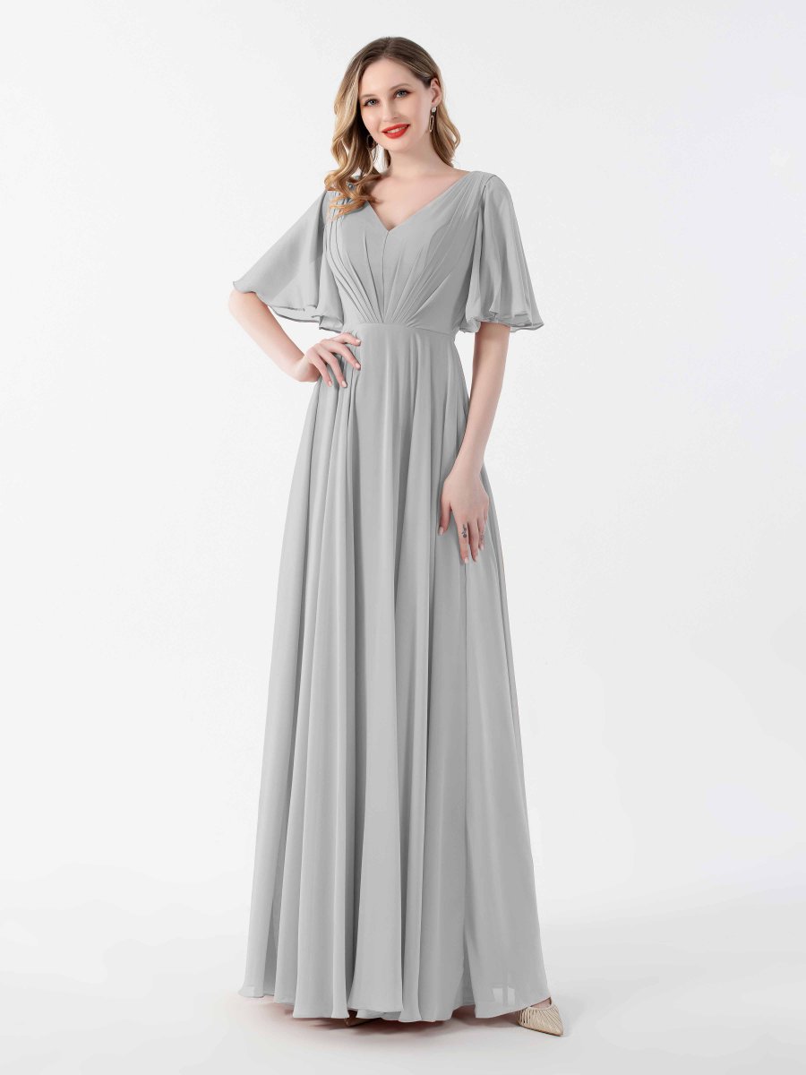 Robes Mère De La Mariée En Mousseline À Manches Courtes Et Col V Sara – Image 5