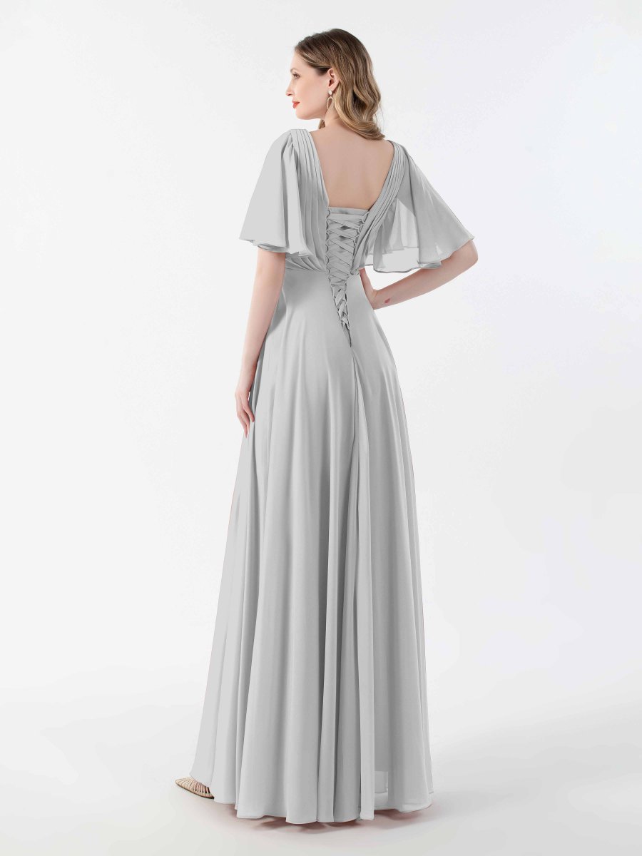 Robes Mère De La Mariée En Mousseline À Manches Courtes Et Col V Sara – Image 6