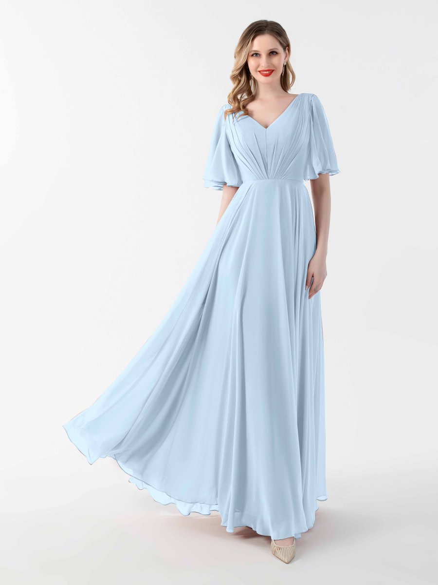 Robes Mère De La Mariée En Mousseline À Manches Courtes Et Col V Sara – Image 7