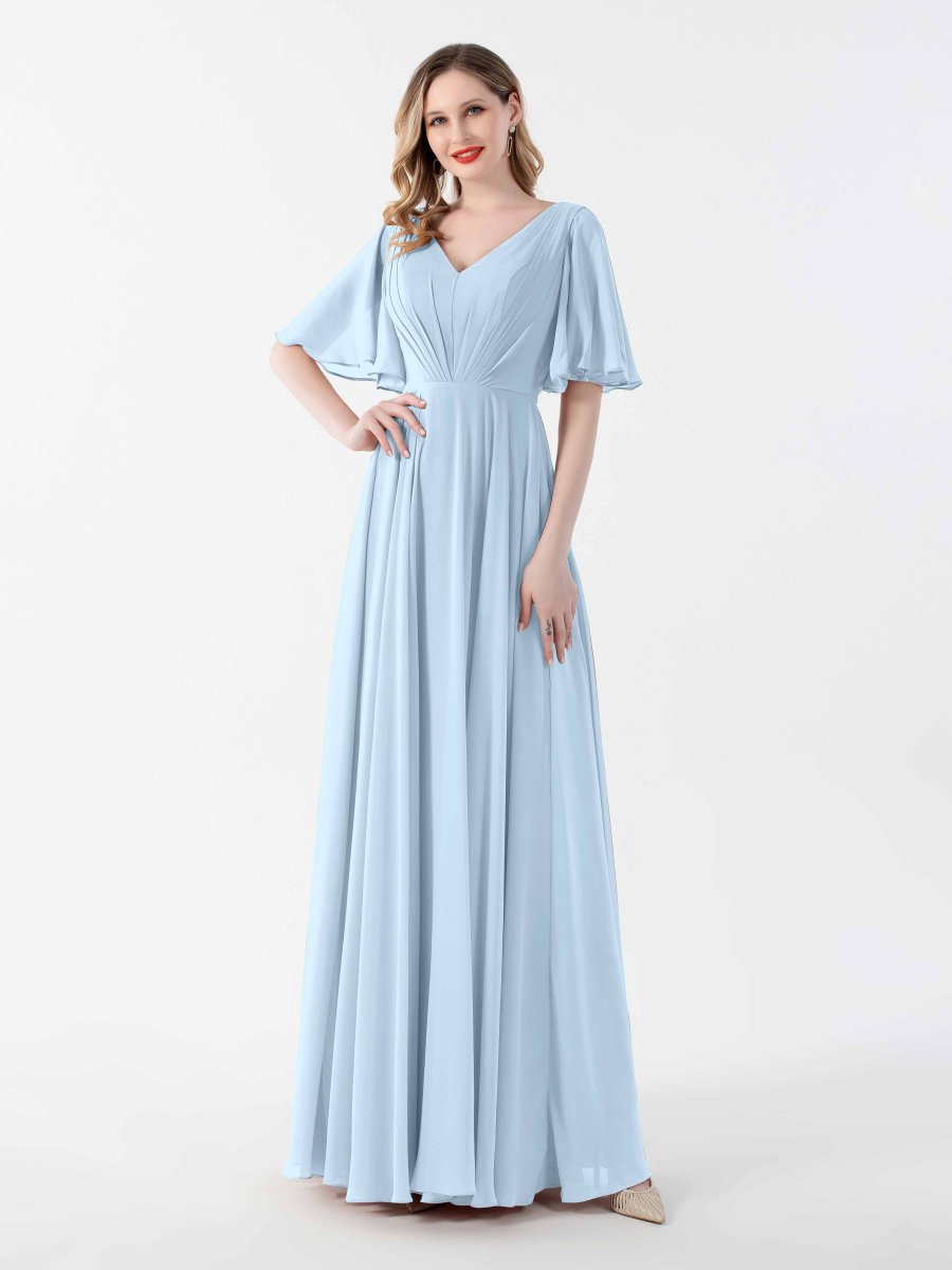 Robes Mère De La Mariée En Mousseline À Manches Courtes Et Col V Sara – Image 8