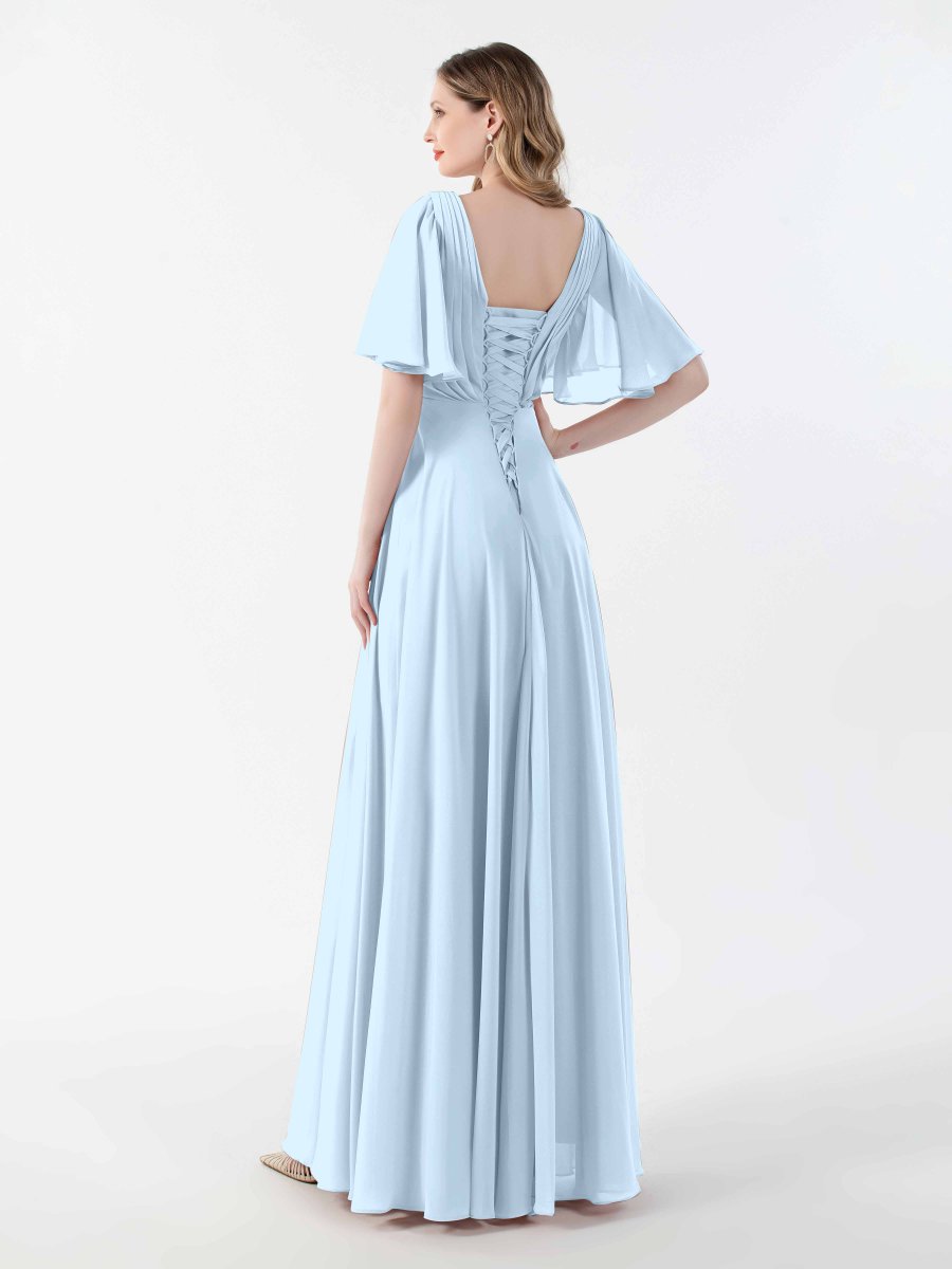 Robes Mère De La Mariée En Mousseline À Manches Courtes Et Col V Sara – Image 9