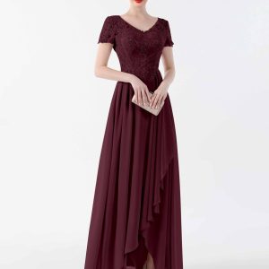 Robes Mère De La Mariée En Mousseline À Asymétrique Et Manches Courtes Journee