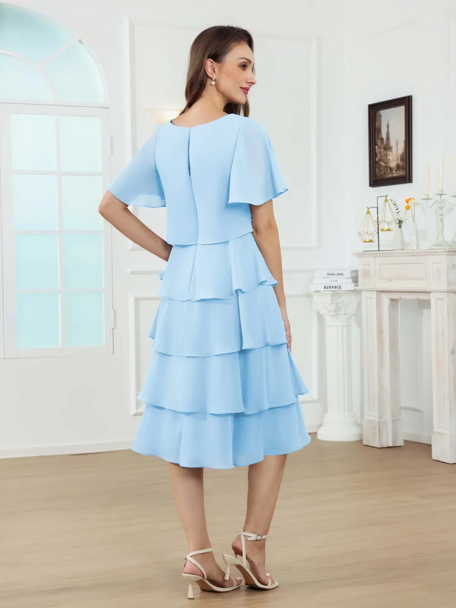 Robes Mère De La Mariée En Mousseline À Classique A-ligne Col Rond Échelonné Longueur Aux Genoux Mairead – Image 7