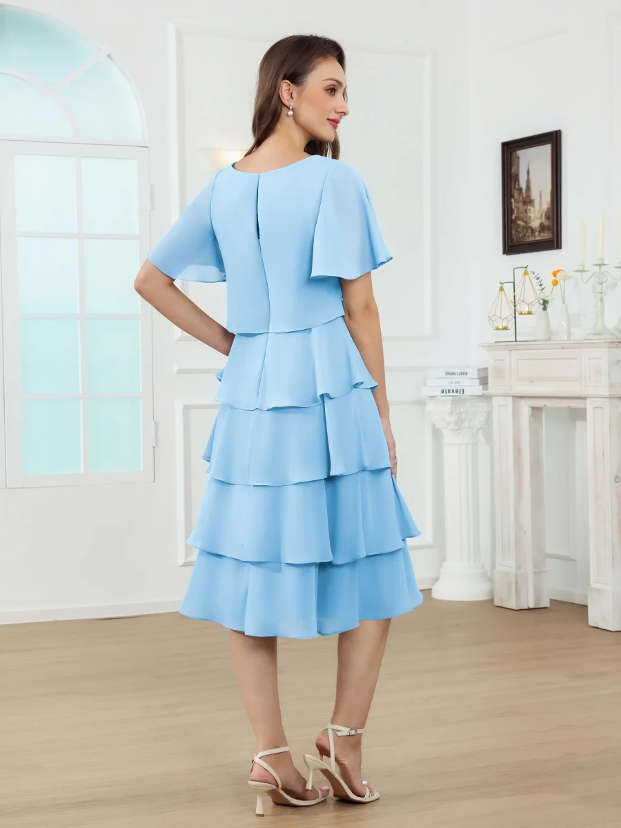 Robes Mère De La Mariée En Mousseline À Classique A-ligne Col Rond Échelonné Longueur Aux Genoux Mairead – Image 9