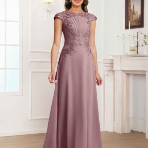 Robes Mère De La Mariée En Mousseline À Col Rond Ruché Mairen