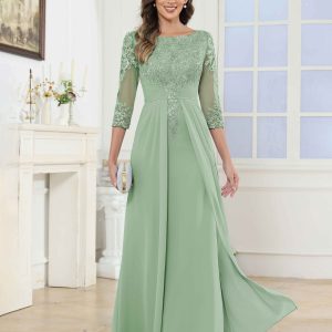 Robes Mère De La Mariée En Mousseline À Dentelle Appliqués Plissé Miley