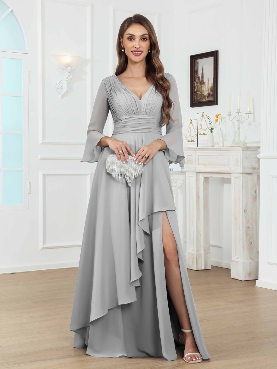 Robes Mère De La Mariée En Mousseline À Enchanteresse Col V Ruché Fente À Jambe Longue Dovev – Image 4