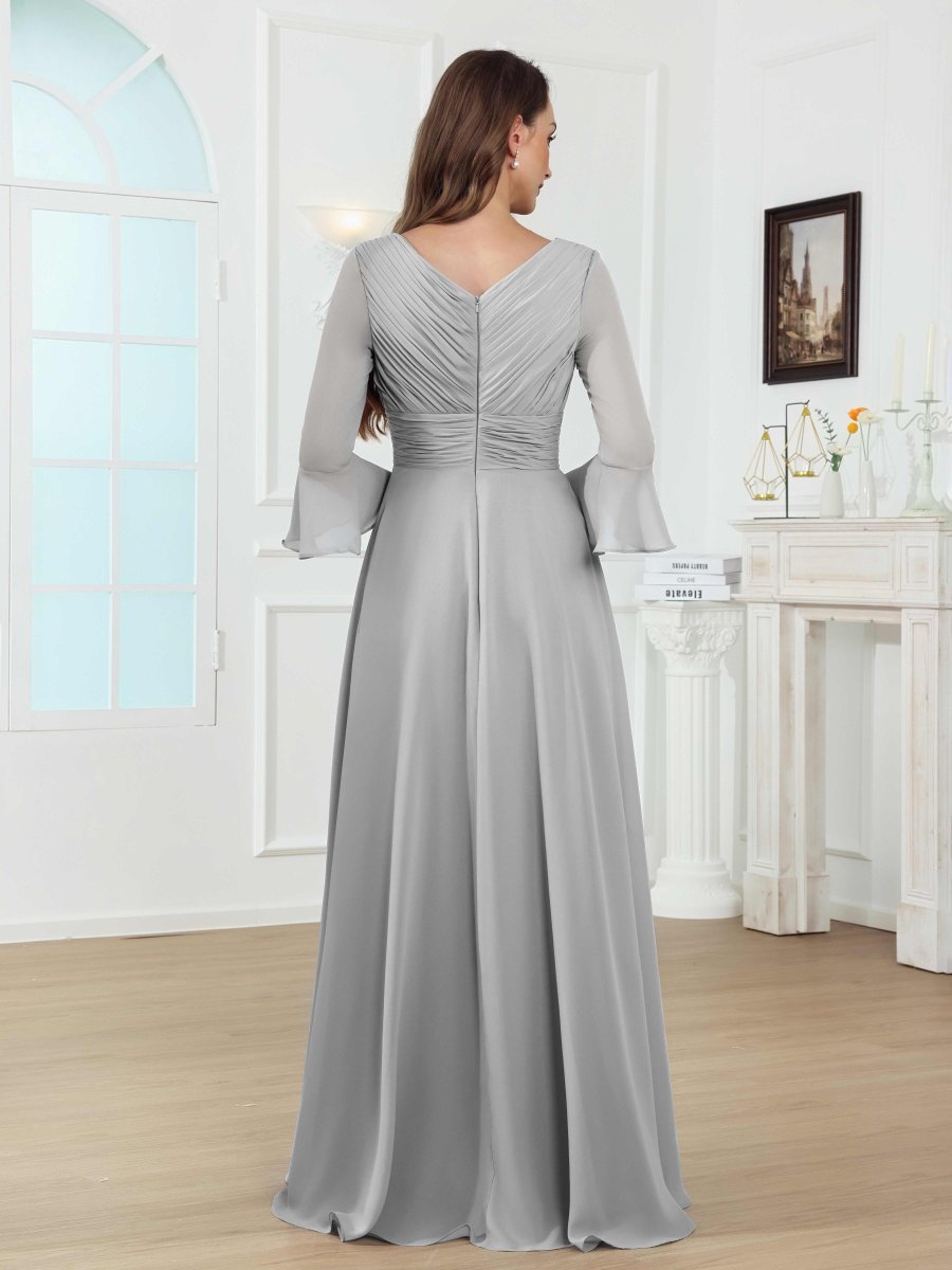 Robes Mère De La Mariée En Mousseline À Enchanteresse Col V Ruché Fente À Jambe Longue Dovev – Image 5