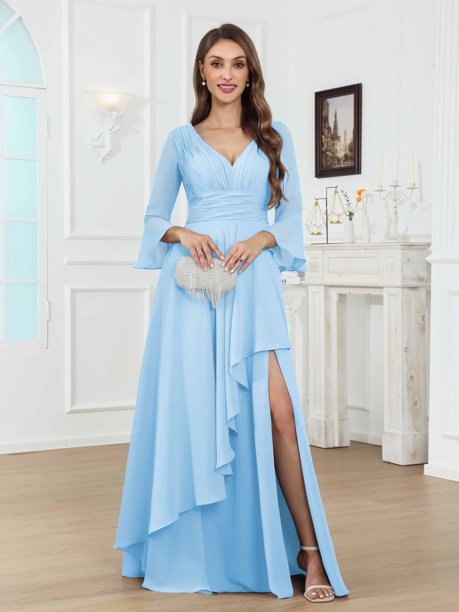 Robes Mère De La Mariée En Mousseline À Enchanteresse Col V Ruché Fente À Jambe Longue Dovev – Image 6