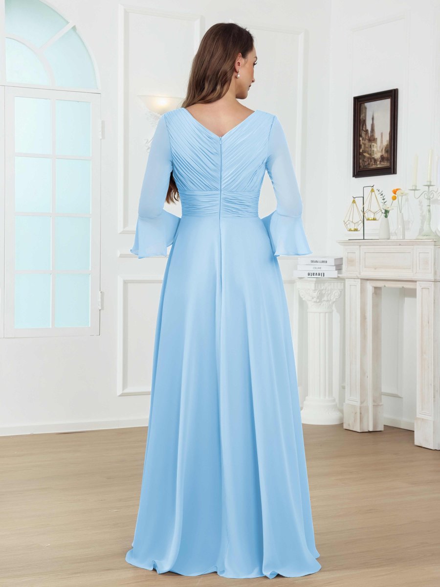 Robes Mère De La Mariée En Mousseline À Enchanteresse Col V Ruché Fente À Jambe Longue Dovev – Image 7