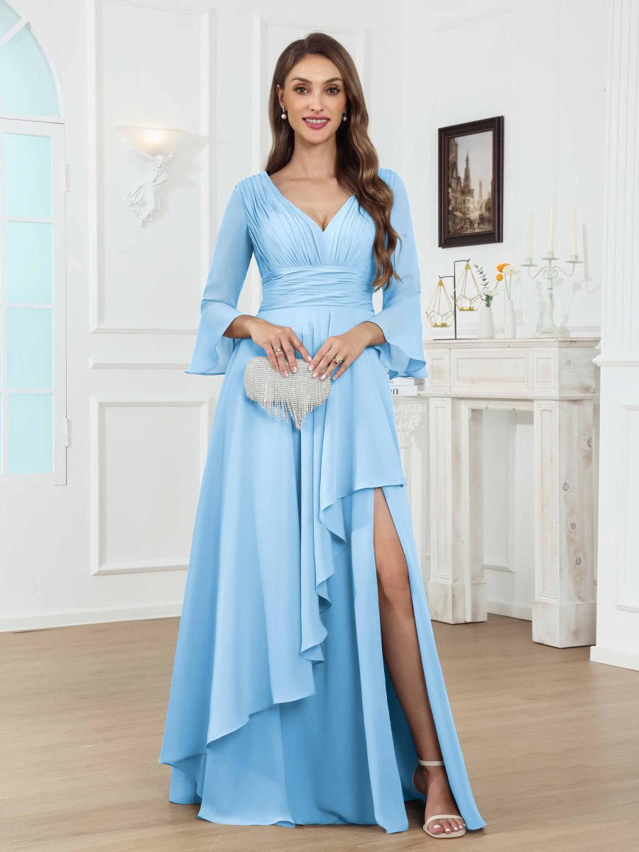 Robes Mère De La Mariée En Mousseline À Enchanteresse Col V Ruché Fente À Jambe Longue Dovev – Image 8