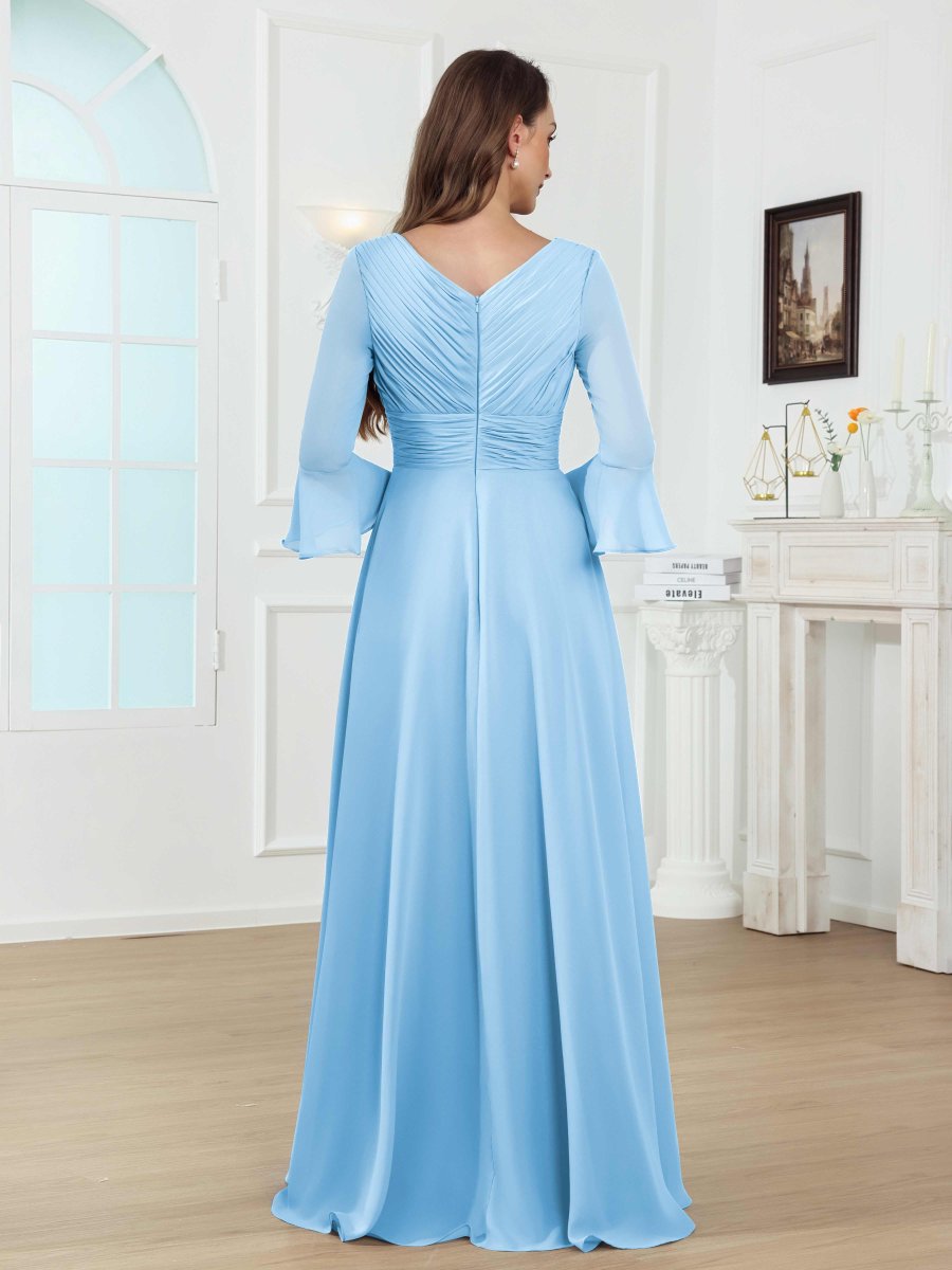 Robes Mère De La Mariée En Mousseline À Enchanteresse Col V Ruché Fente À Jambe Longue Dovev – Image 9