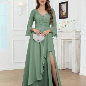 Robes Mère De La Mariée En Mousseline À Enchanteresse Col V Ruché Fente À Jambe Longue Dovev