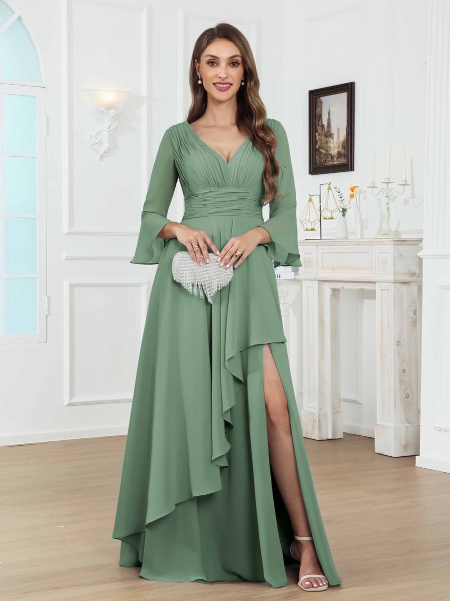 Robes Mère De La Mariée En Mousseline À Enchanteresse Col V Ruché Fente À Jambe Longue Dovev – Image 2