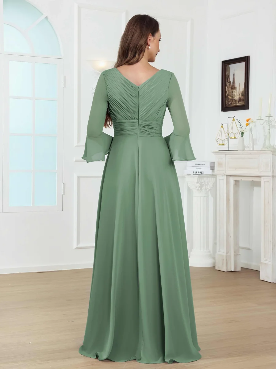 Robes Mère De La Mariée En Mousseline À Enchanteresse Col V Ruché Fente À Jambe Longue Dovev – Image 3