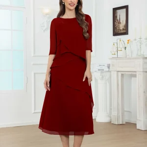 Robes Mère De La Mariée En Mousseline À Flatteuse Col Rond Appliqués Longueur De Mollet Cypress