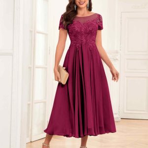 Robes Mère De La Mariée En Mousseline À Manches Courtes Et Appliqués Delaney