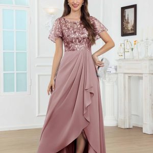 Robes Mère De La Mariée En Mousseline À Illusion Manches Courtes Longue Paillettes Gretchen