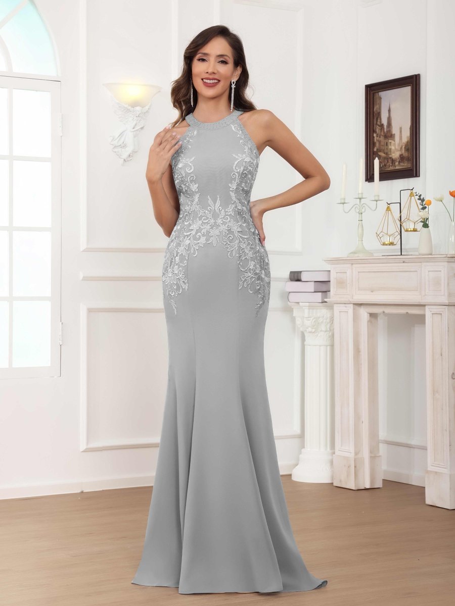 Robes Mère De La Mariée En Mousseline À Licou Dentelle Appliqués Nolwenn – Image 7