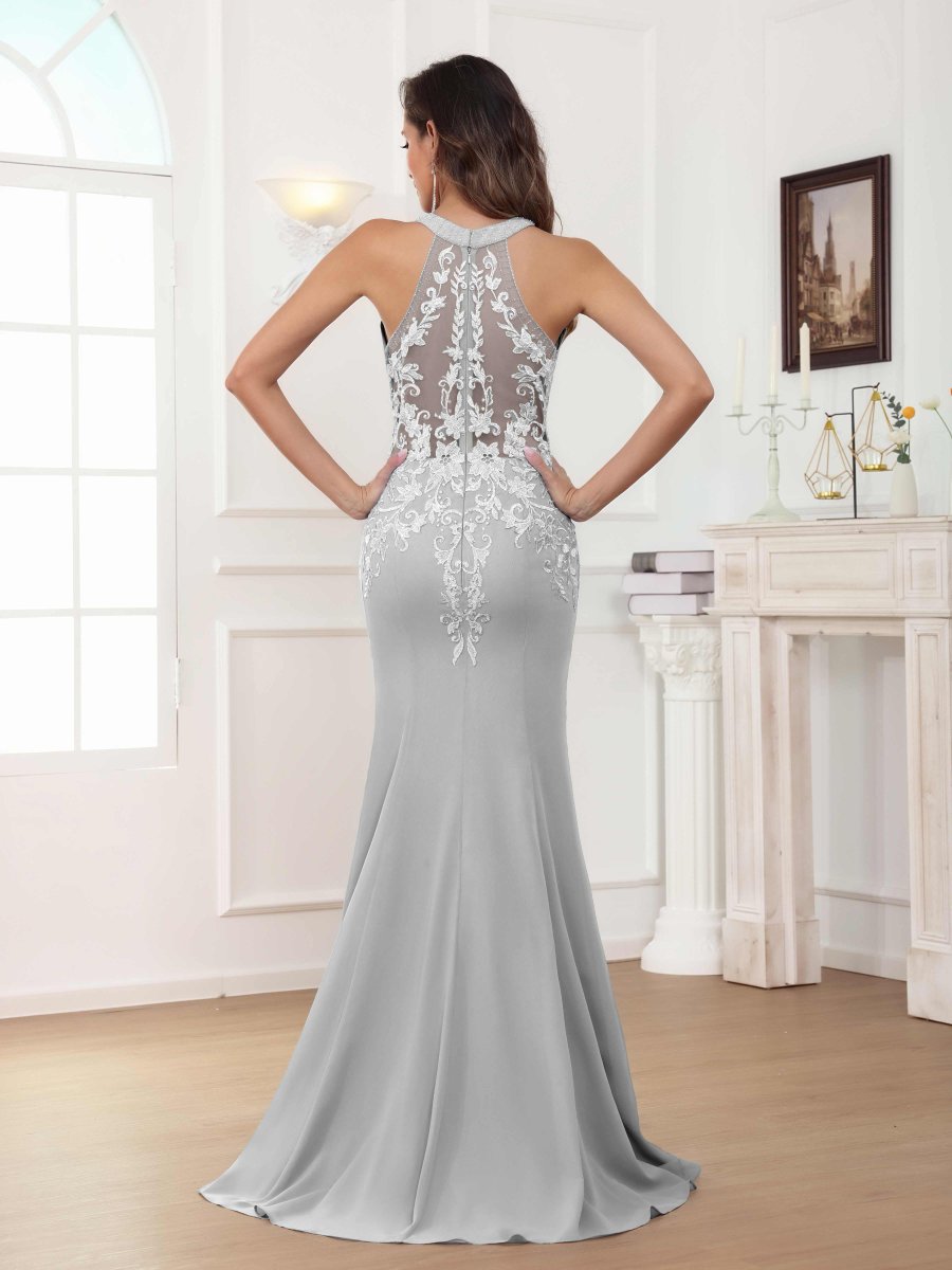 Robes Mère De La Mariée En Mousseline À Licou Dentelle Appliqués Nolwenn – Image 8